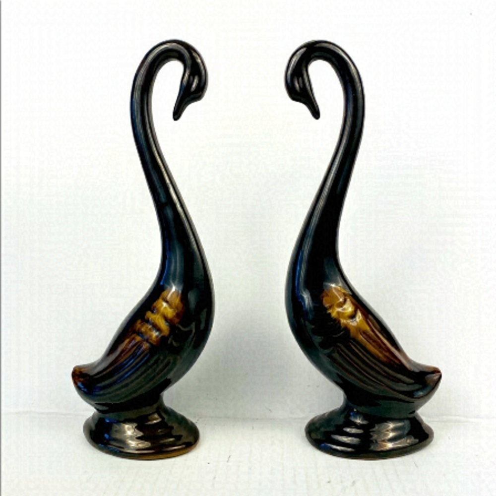 MID-CENTURY Modern ceramic terracotta swans variegated brown glaze set of 2